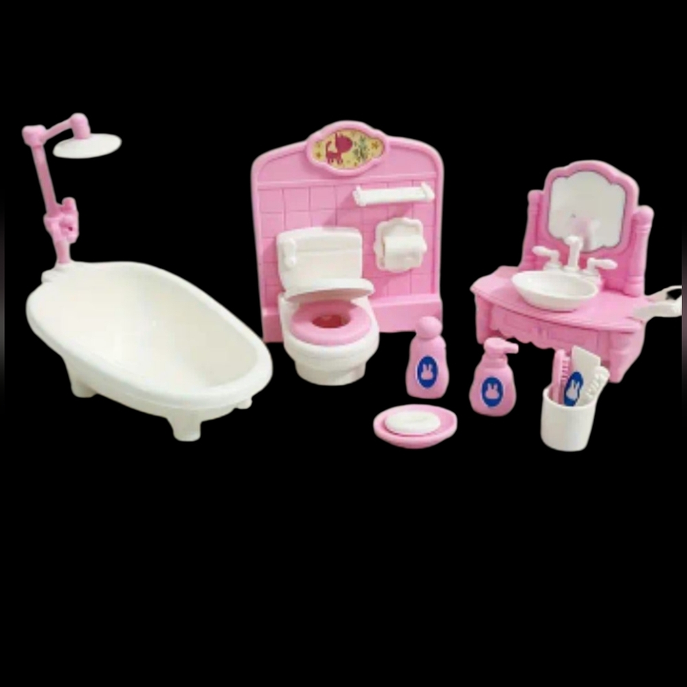 Pink and White Dollhouse Bathroom Set